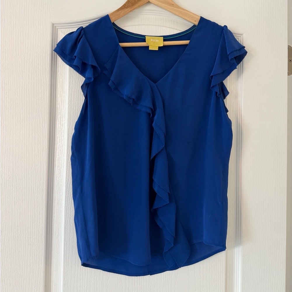 Anthropologie Maeve Silk Sleeveless Ruffle V-Neck Top - Blue 2